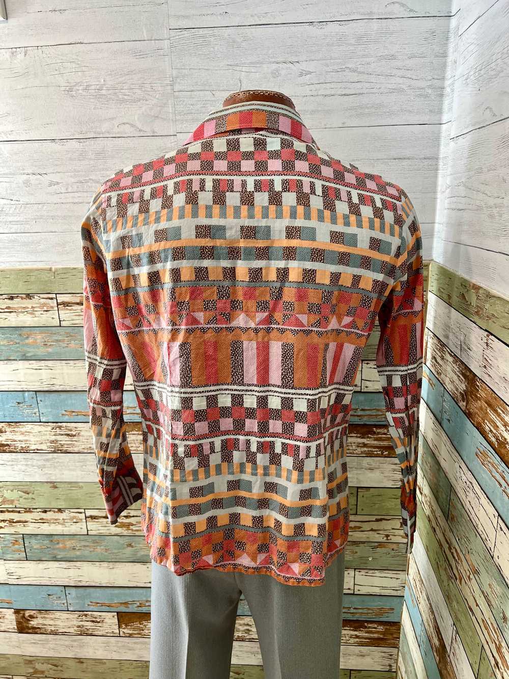 70’s Orange Multicolor Mayan Print Disco Shirt By… - image 8