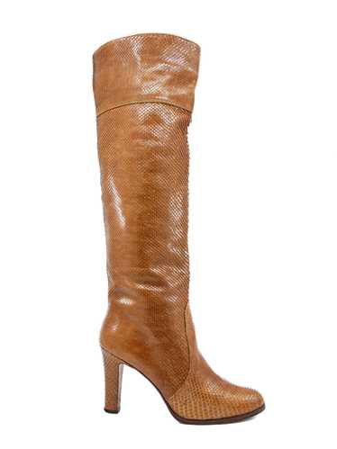 Cognac Knee High Heeled Snakeskin Boots, 6
