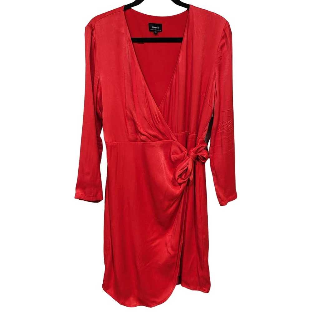 Bardot V Neck Red Satin Wrap Mini Dress sz M / 8 … - image 1