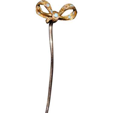 10k Gold Little Bow Stick Pin with Light Blue Ena… - image 1