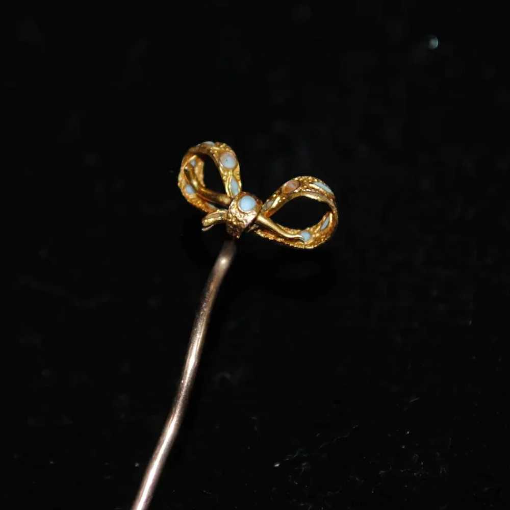 10k Gold Little Bow Stick Pin with Light Blue Ena… - image 2