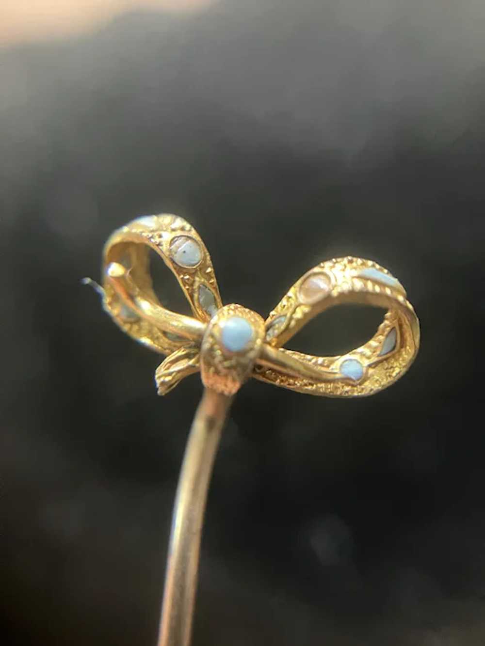 10k Gold Little Bow Stick Pin with Light Blue Ena… - image 7