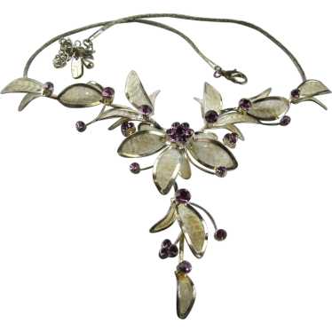 Enamelled Floral Necklace Accented By Purple Crys… - image 1
