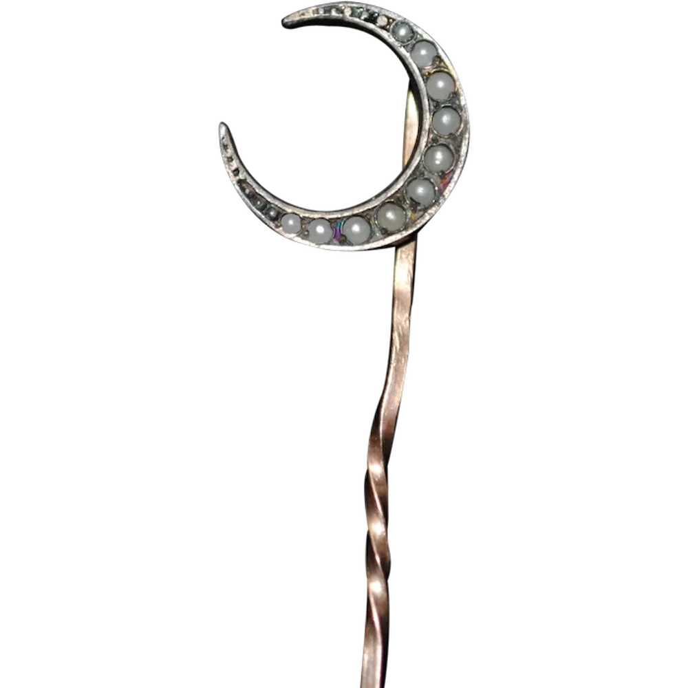 Silver Crescent Moon with Seed Pearls Stick Pin - image 1