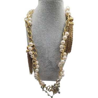 Vintage Faux Pearl Rhinestone & Tassel Chain Neck… - image 1