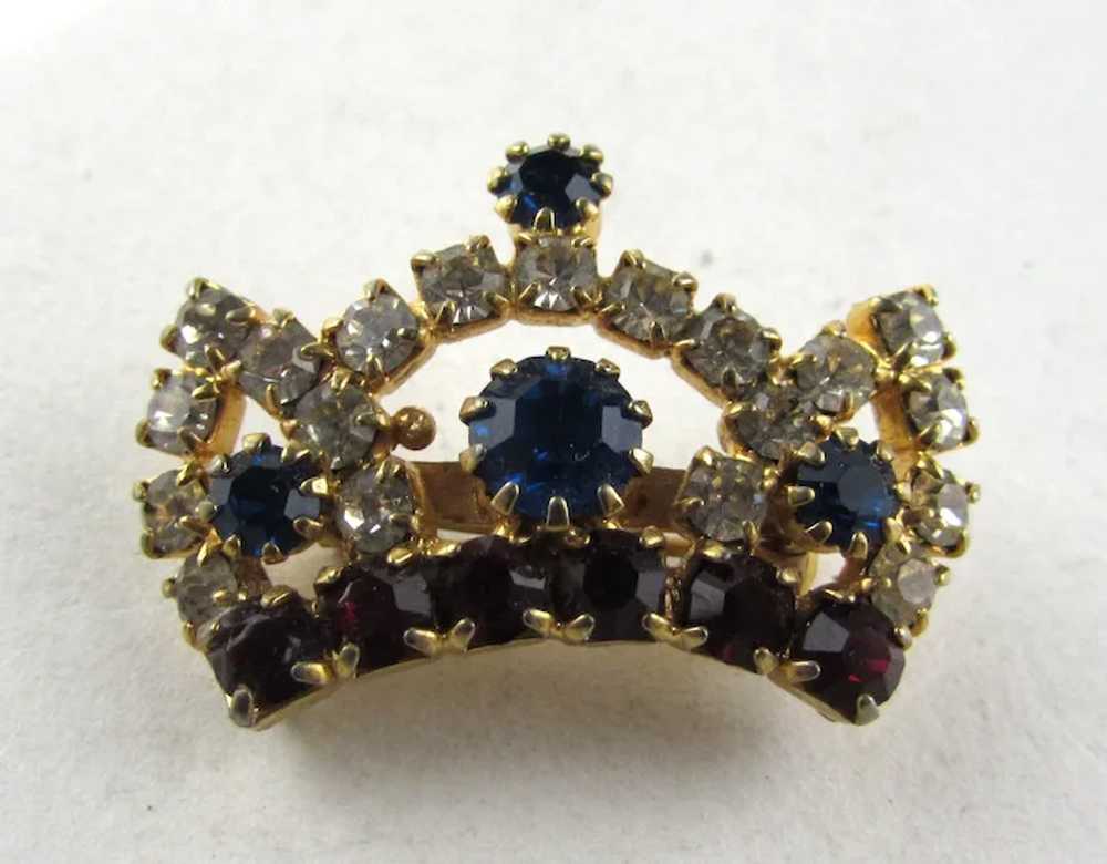 Petite Gold Tone Crown Pin With Blue, Red and Cle… - image 10