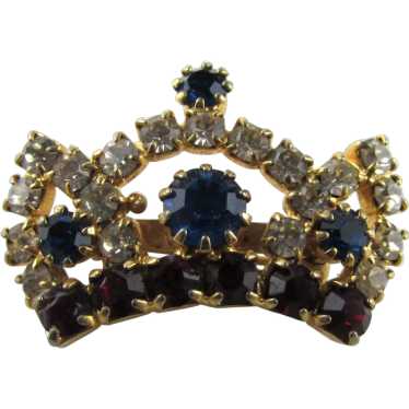 Petite Gold Tone Crown Pin With Blue, Red and Cle… - image 1