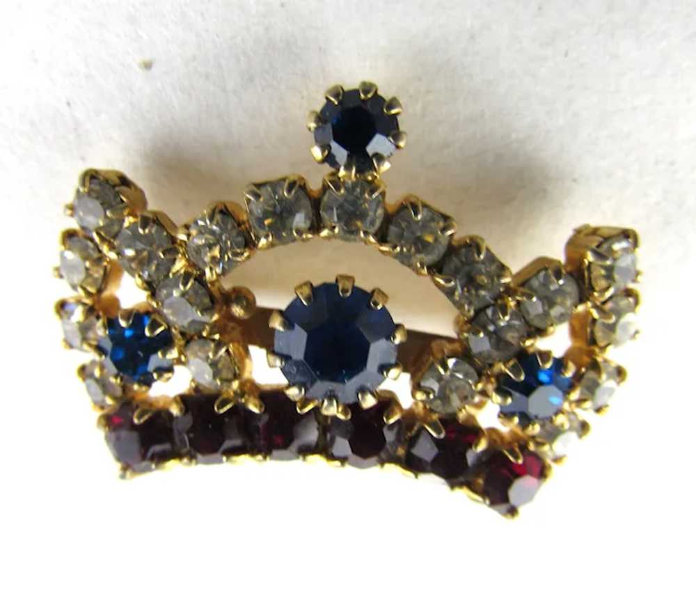 Petite Gold Tone Crown Pin With Blue, Red and Cle… - image 2