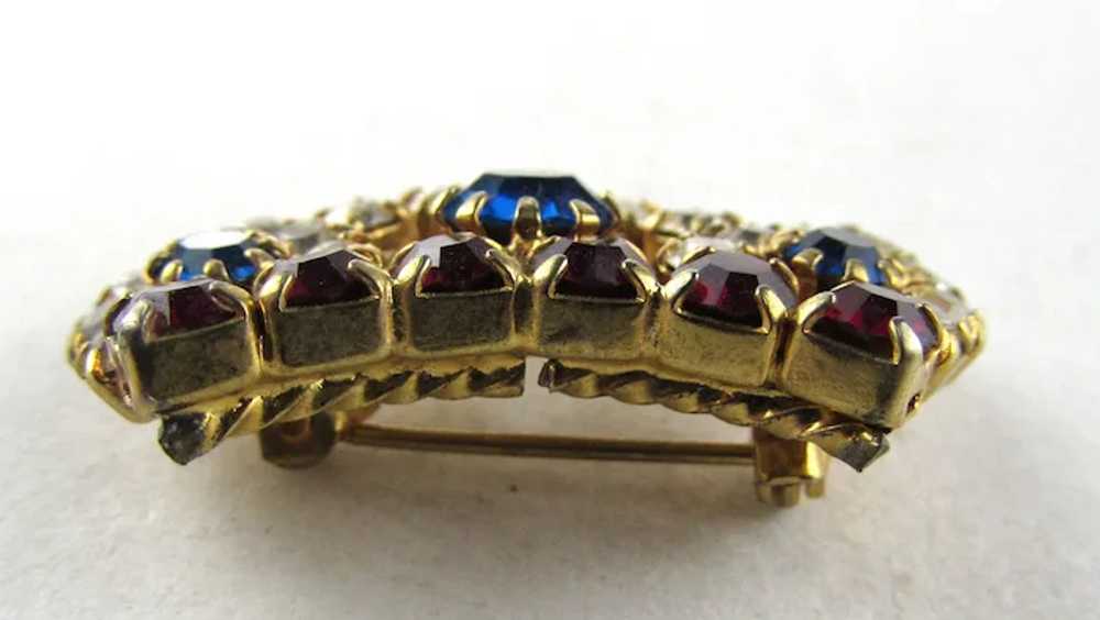 Petite Gold Tone Crown Pin With Blue, Red and Cle… - image 3