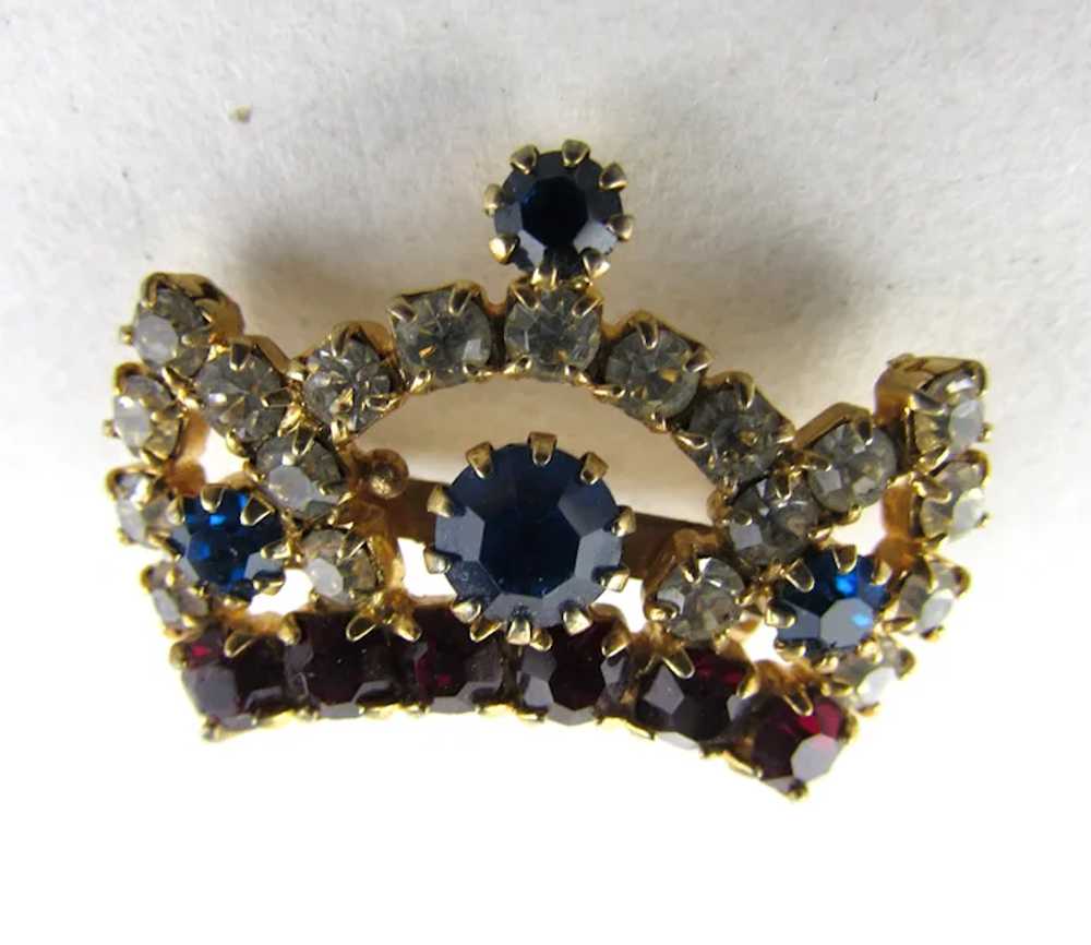 Petite Gold Tone Crown Pin With Blue, Red and Cle… - image 4