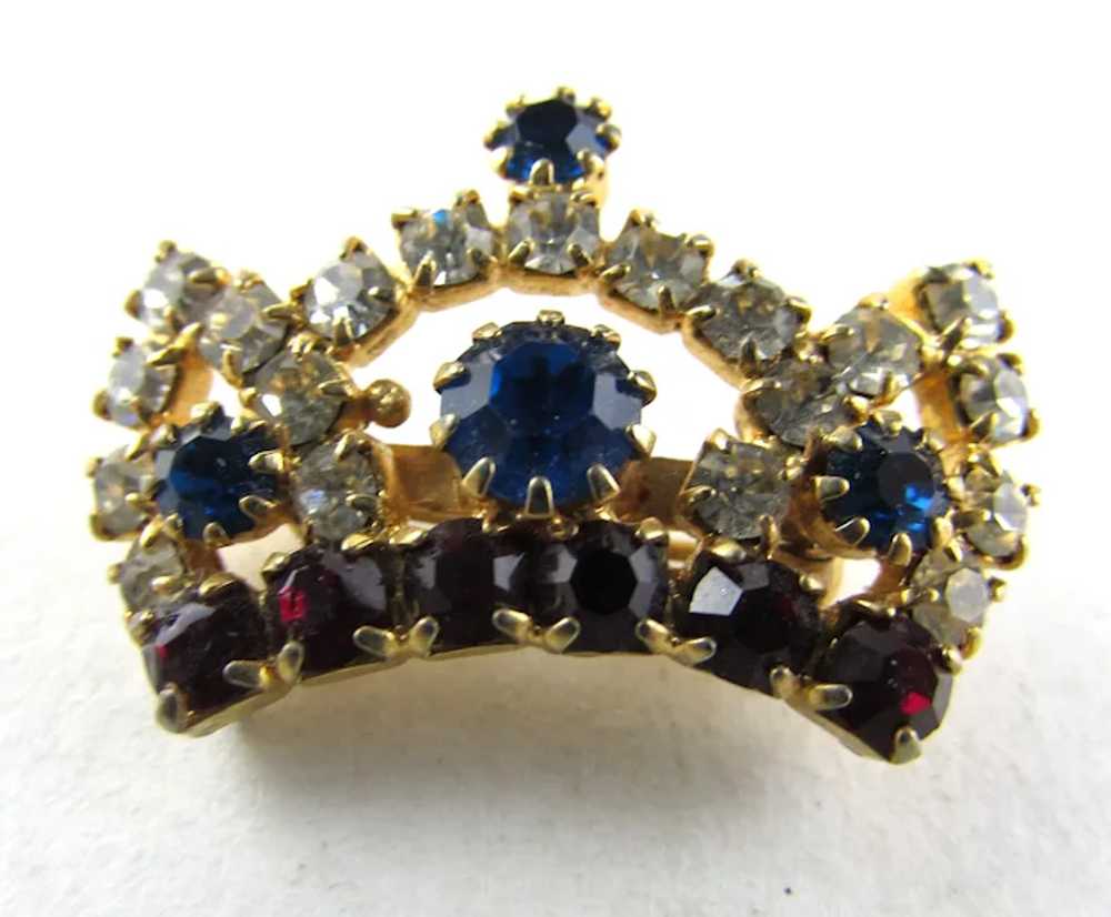 Petite Gold Tone Crown Pin With Blue, Red and Cle… - image 6