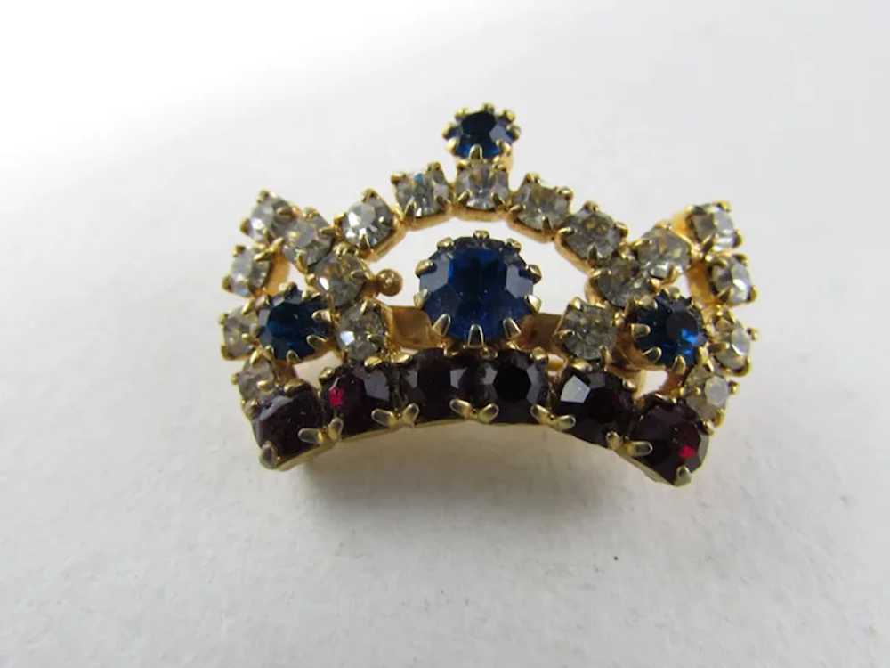 Petite Gold Tone Crown Pin With Blue, Red and Cle… - image 8