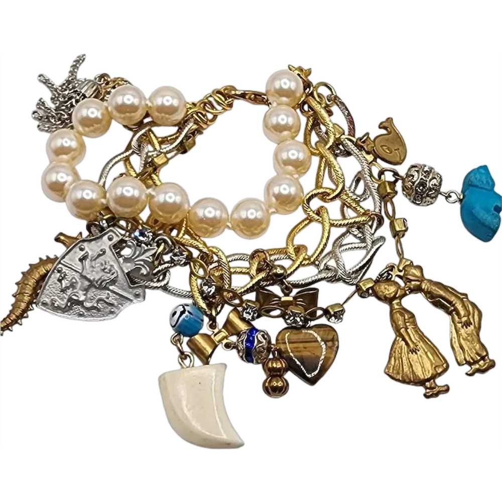 Vintage Faux Pearl & Chain Charm Bracelet (A5068) - image 1
