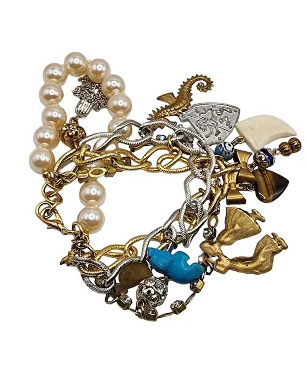 Vintage Faux Pearl & Chain Charm Bracelet (A5068) - image 4