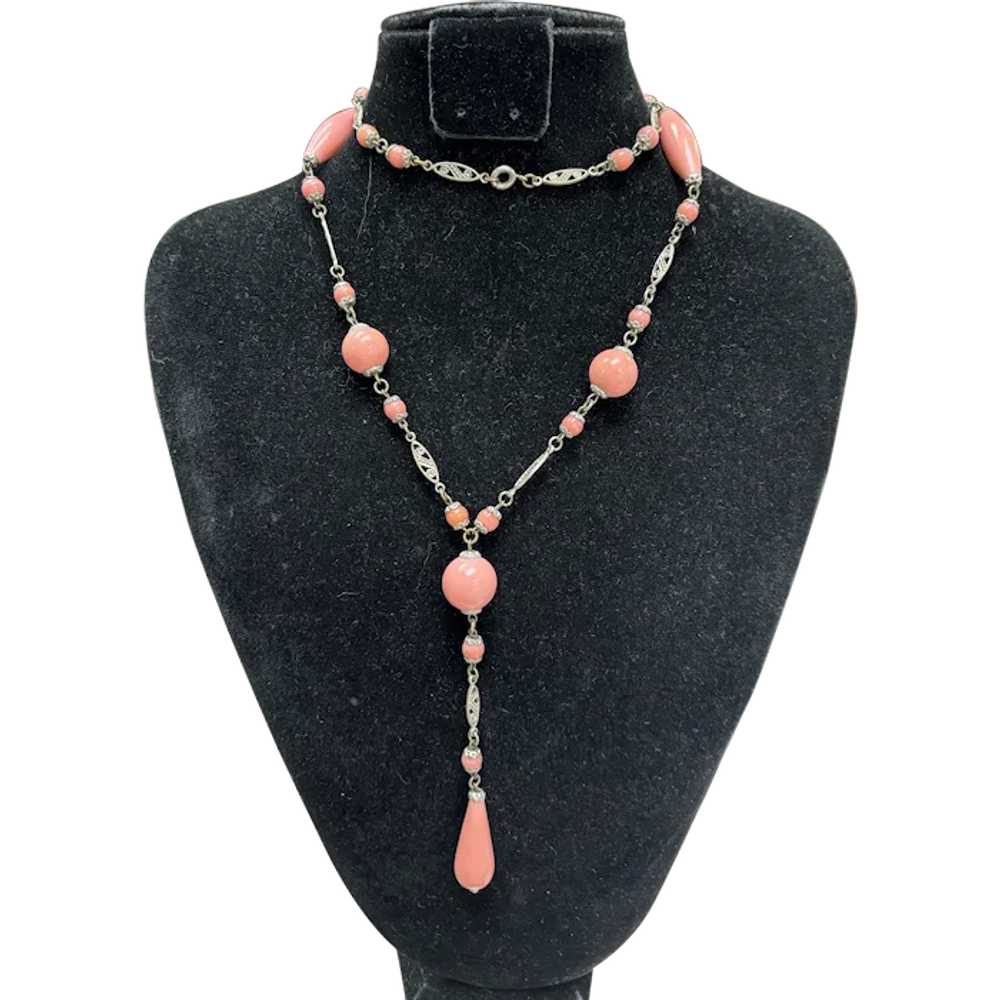 Art Deco Pink Czech Glass Lavalier Necklace - image 1