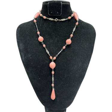 Art Deco Pink Czech Glass Lavalier Necklace - image 1