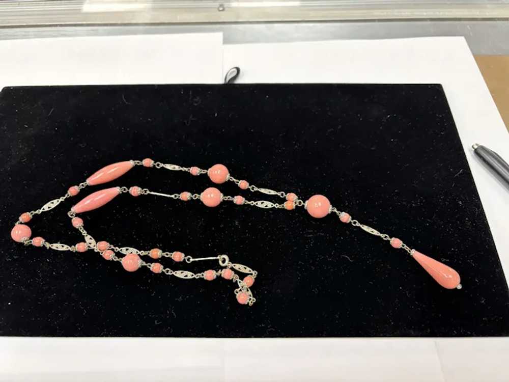 Art Deco Pink Czech Glass Lavalier Necklace - image 2