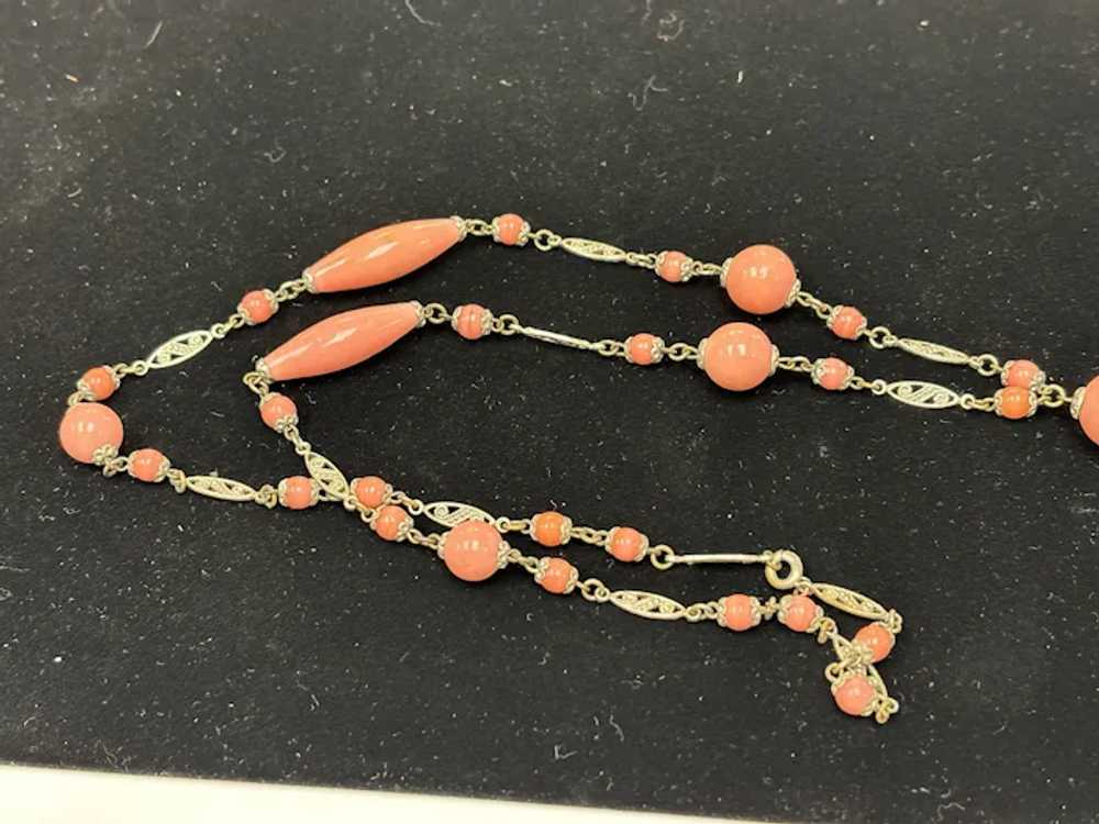 Art Deco Pink Czech Glass Lavalier Necklace - image 3