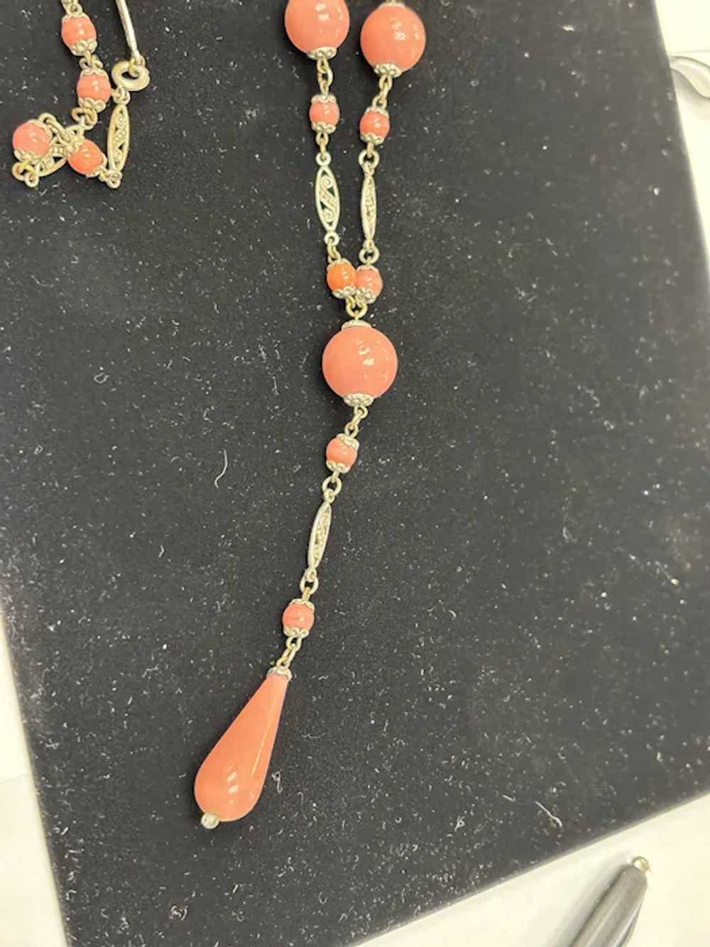 Art Deco Pink Czech Glass Lavalier Necklace - image 4