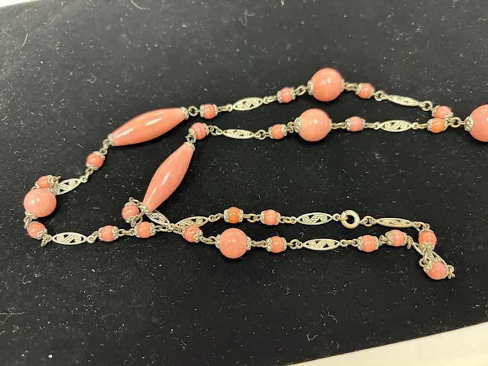 Art Deco Pink Czech Glass Lavalier Necklace - image 6