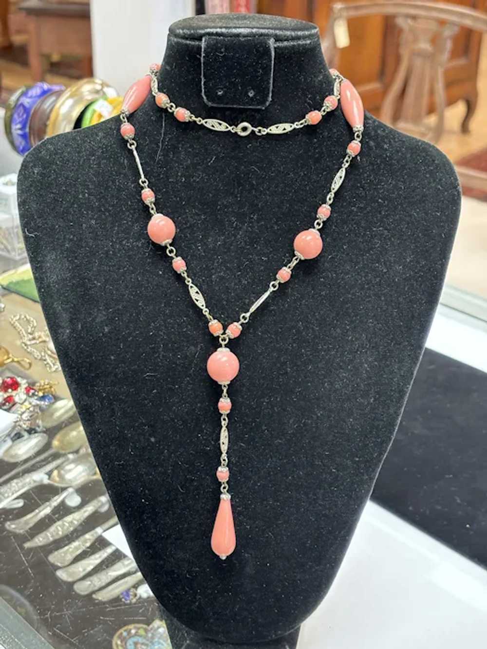 Art Deco Pink Czech Glass Lavalier Necklace - image 9