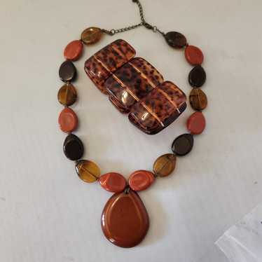 Vintage Amber Lucite Chunky Necklace & Bracelet