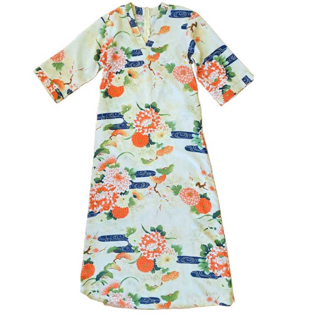 Vintage Kimono Caftan Maxi Dress Beige Asian Flor… - image 11