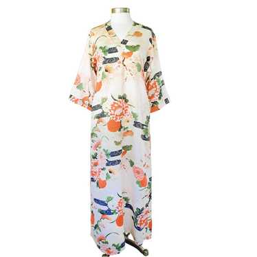 Vintage Kimono Caftan Maxi Dress Beige Asian Flor… - image 1