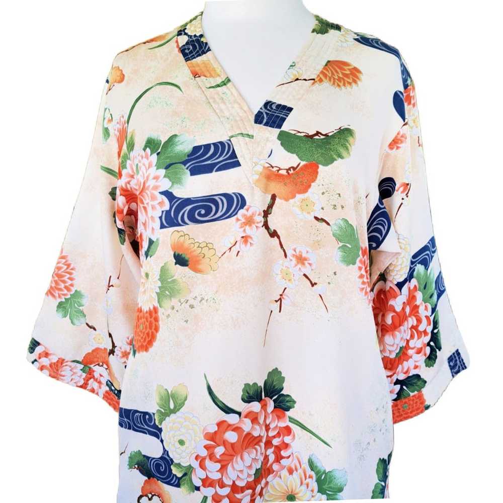 Vintage Kimono Caftan Maxi Dress Beige Asian Flor… - image 2