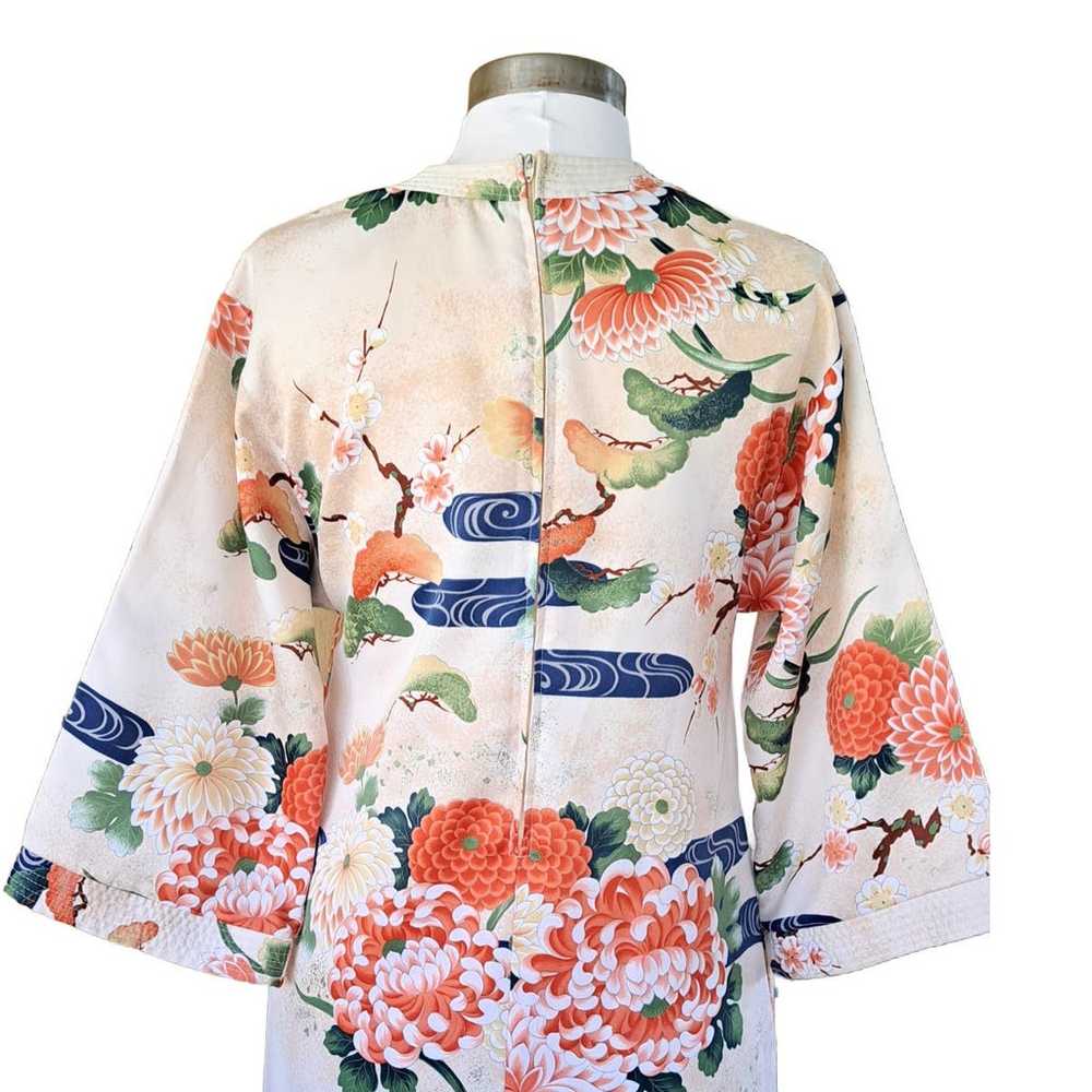 Vintage Kimono Caftan Maxi Dress Beige Asian Flor… - image 5