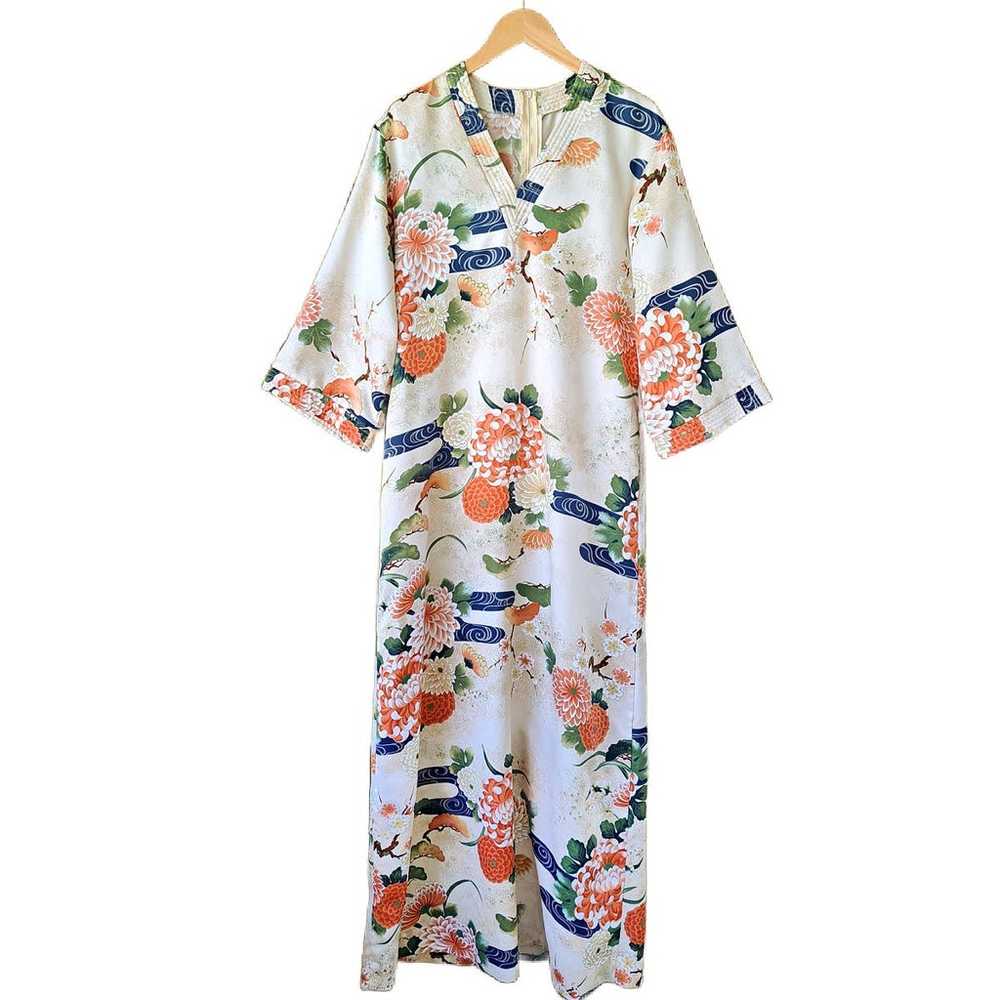 Vintage Kimono Caftan Maxi Dress Beige Asian Flor… - image 8