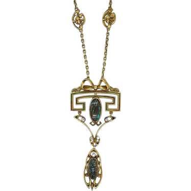 Art Nouveau 14KYellow Gold Black Opal and Diamond 