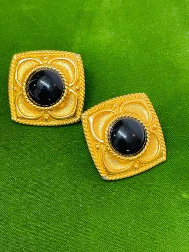 Napier Square Gold Earrings with Black Enamel Dome - image 1