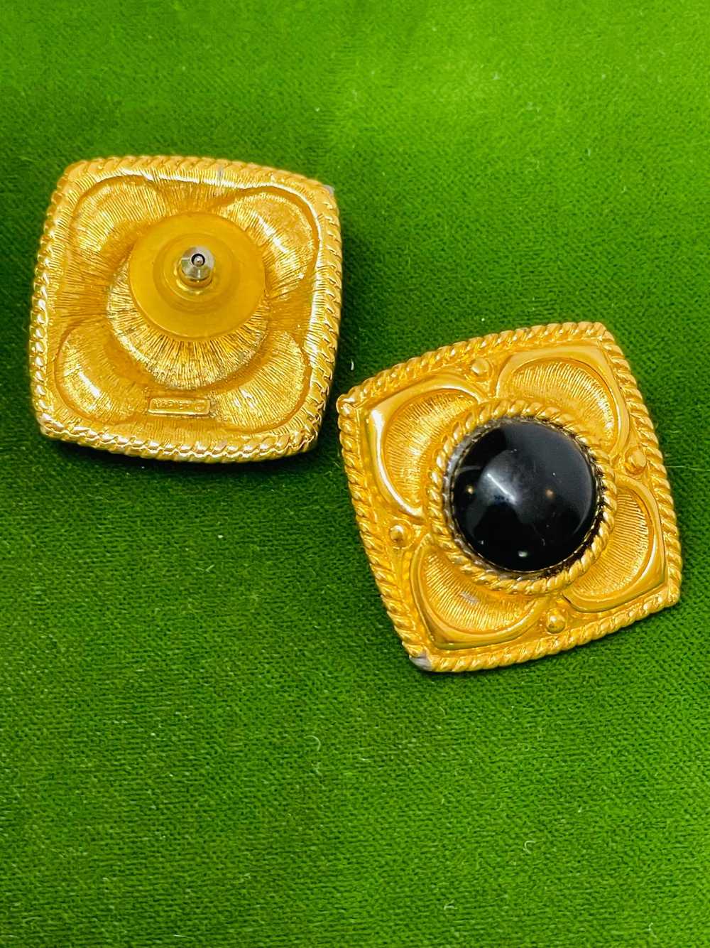 Napier Square Gold Earrings with Black Enamel Dome - image 3