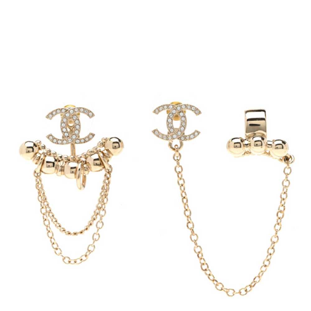 CHANEL Metal Crystal CC Chain Cuff Earrings Gold - image 1