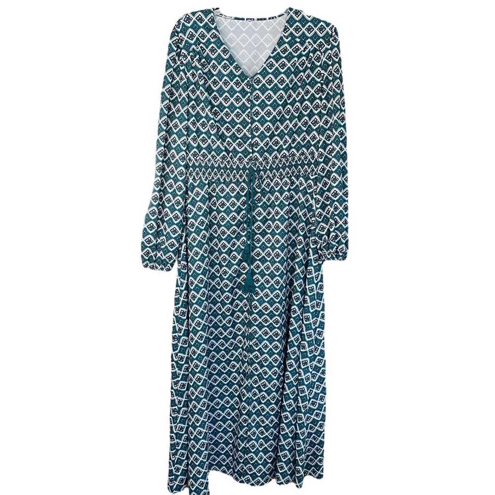 Boho long Sleeve Button Down Maxi Dress Green XL - image 1