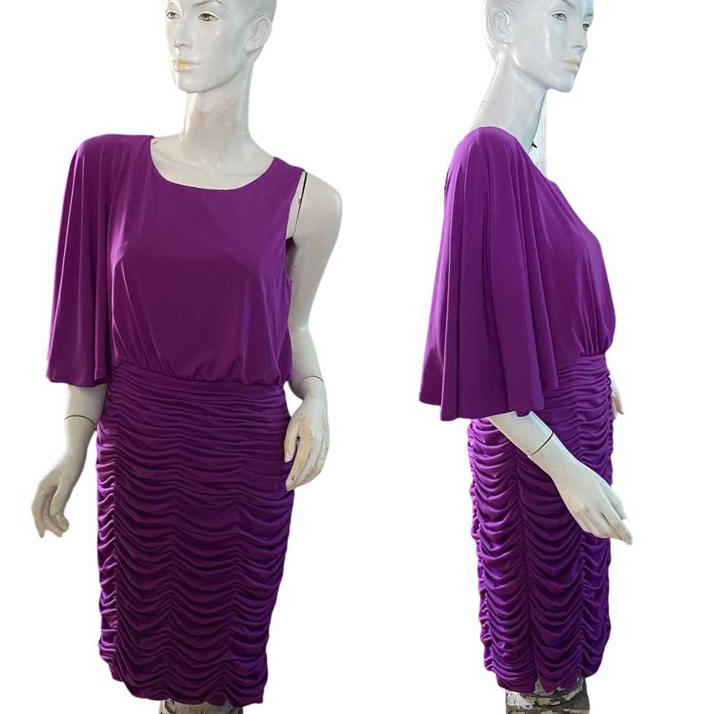 Tahari purple ruched stretch one sleeve dress M - image 8