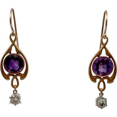 Art Nouveau 14K Yellow Gold and Platinum Amethyst… - image 1