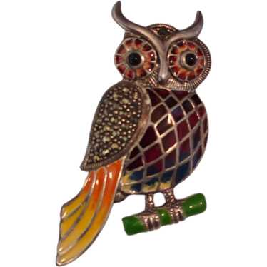 Enamel & Silver & Marcasite Owl Pin - image 1