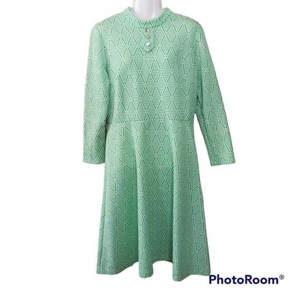 Vintage Green & White Geometric High Neck Dress. … - image 1