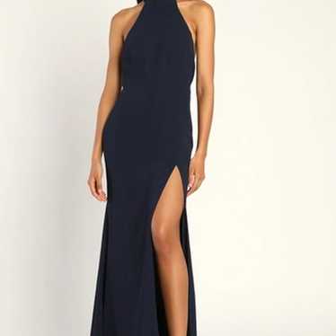 Beyond Stunning Navy Blue Satin Asymmetrical Halter Maxi Dress