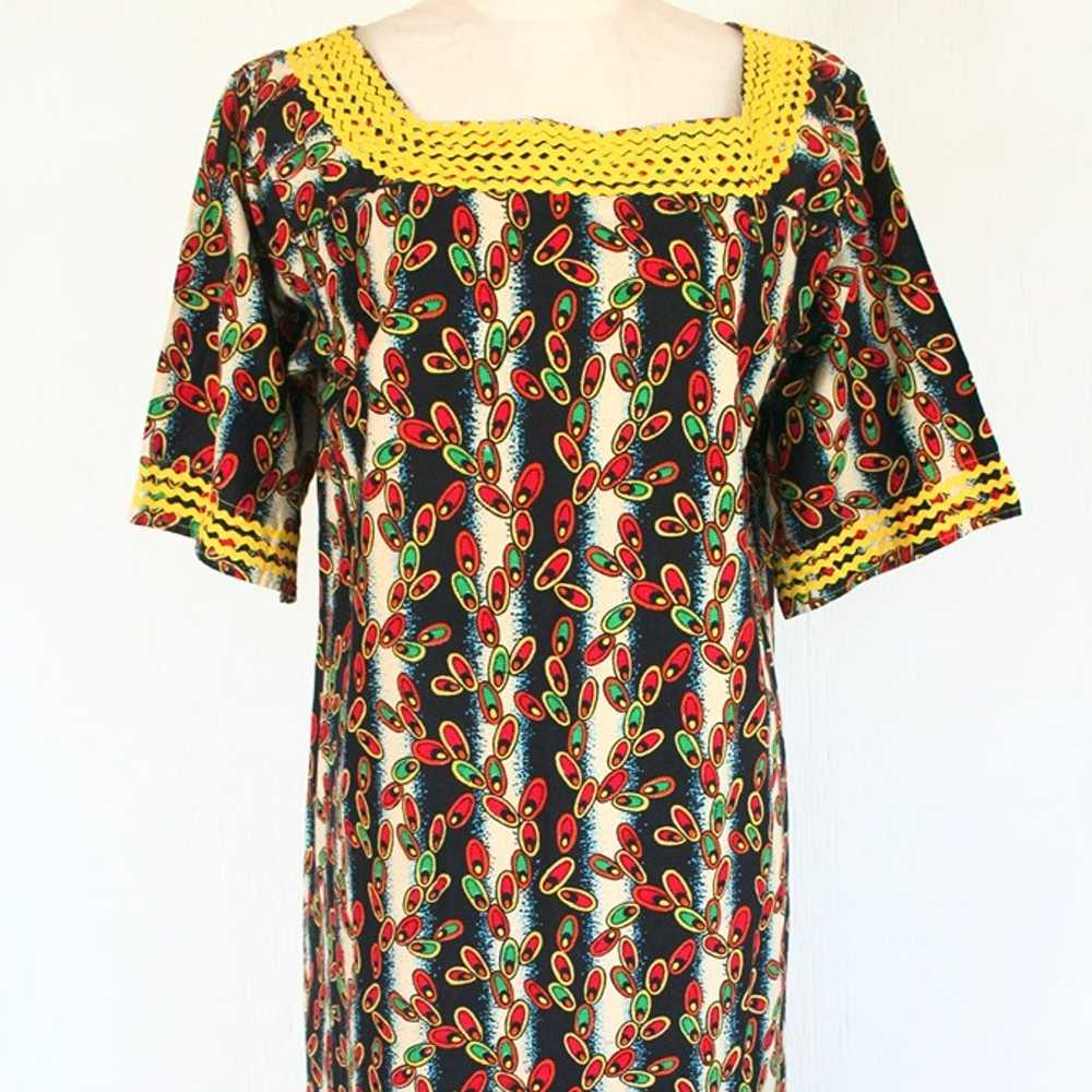 Vintage retro muumuu style dress L cotton rickrac… - image 2