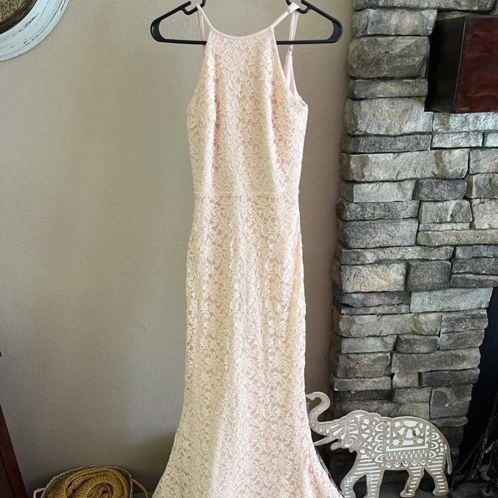 Lulus floor length light pink lace gown with high… - image 1