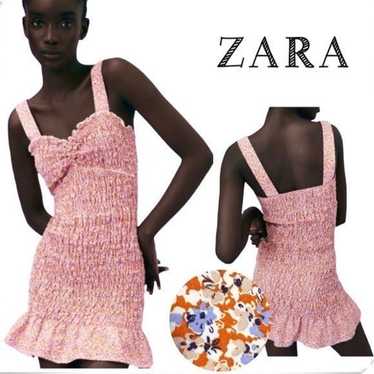 Zara Women’s Orange Floral Ruffle Smocked Mini Bo… - image 1