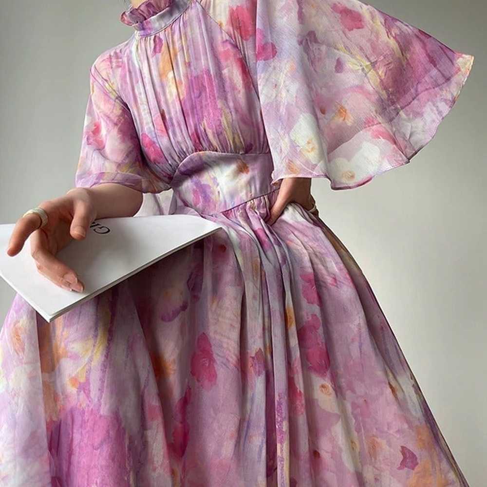 Elegant Print Slim Dresses For Women Stand Collar… - image 8