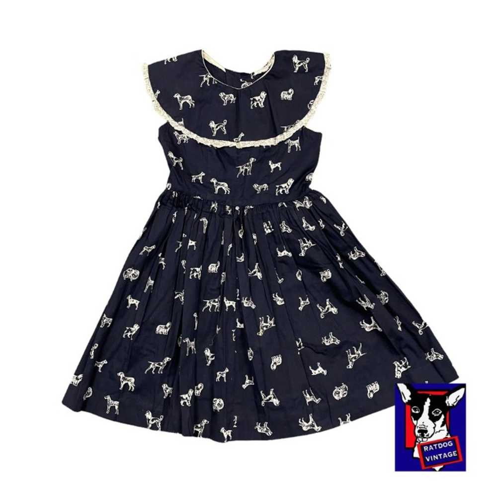 50s/60s Navy Blue Novelty Printed Dogs Puppies A … - image 1