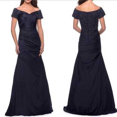 La Femme Beaded Ruched Floor Length Navy Gown
