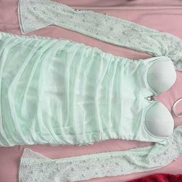 Tivoli Long Sleeve Embellished Cowl Neck Mini Dress in Blush