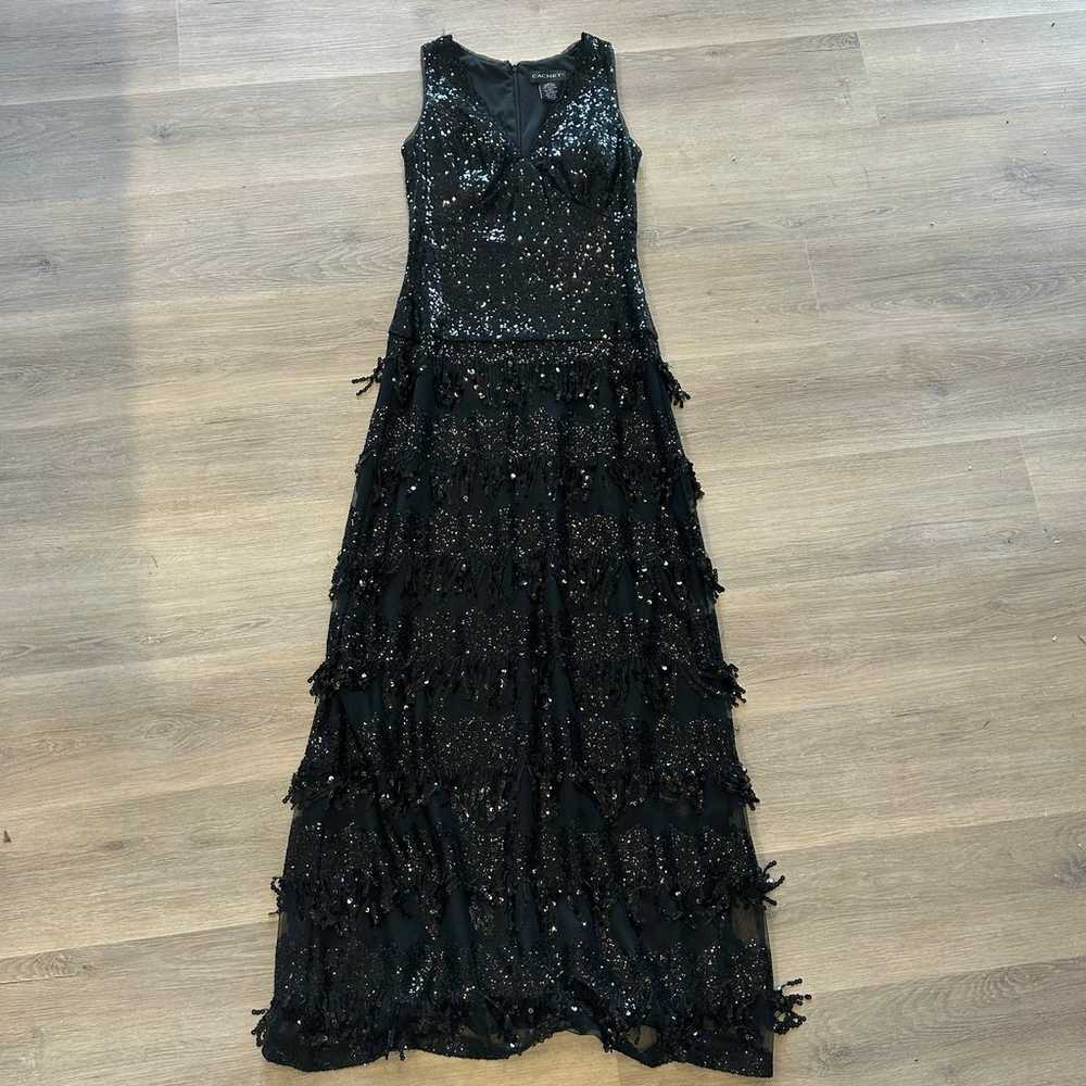 Cachet Black Sequin Fringe Prom Dress - image 1