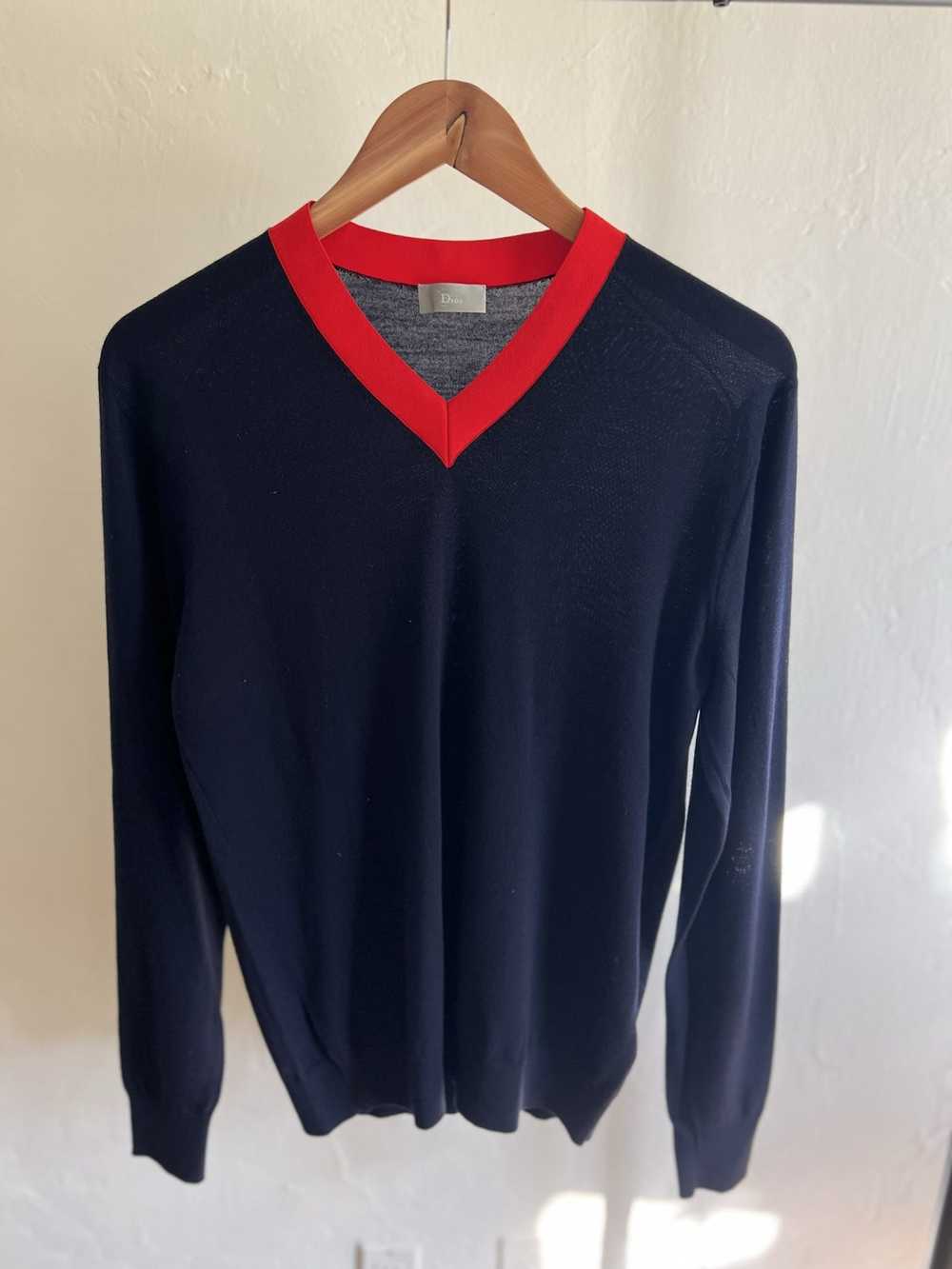 Dior Dior Mens Navy and Red Wool V Neck Sweater - image 2